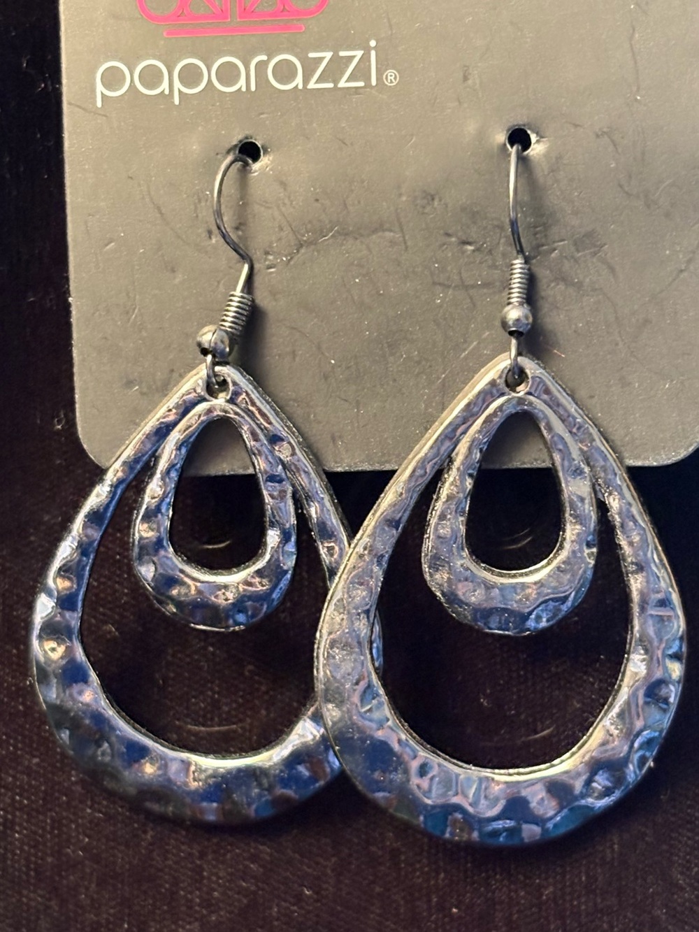 paparazzi Hammered Teardrop Dangle Earrings - Blue Black Metallic